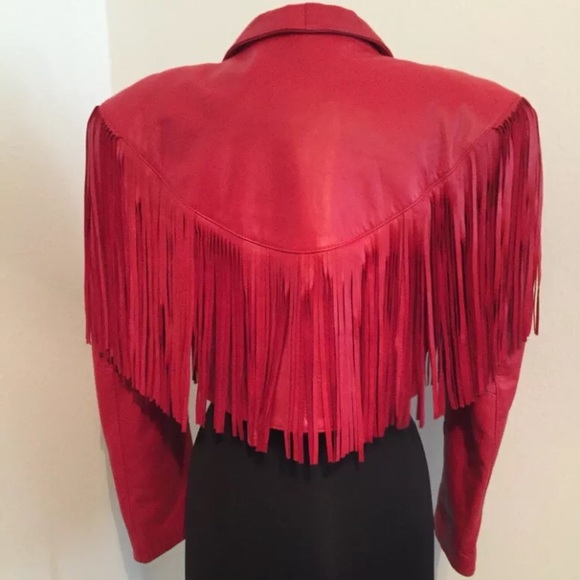 Jackets & Blazers - Vintage fringe real leather red cropped jacket.